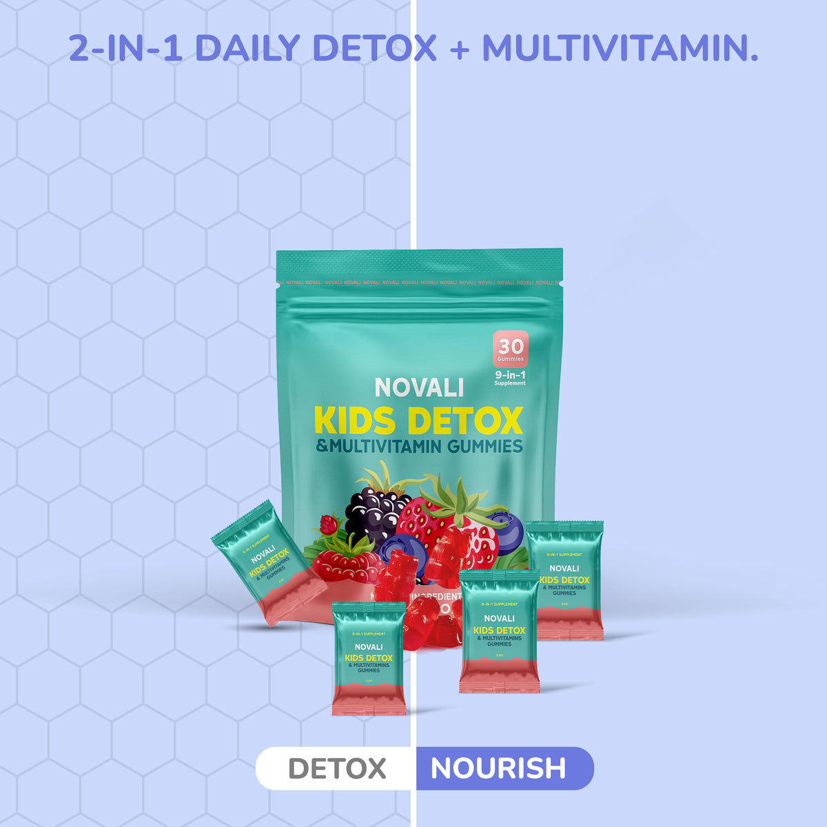 Novali Kids Detox and Multivitamin Gummies packaging
