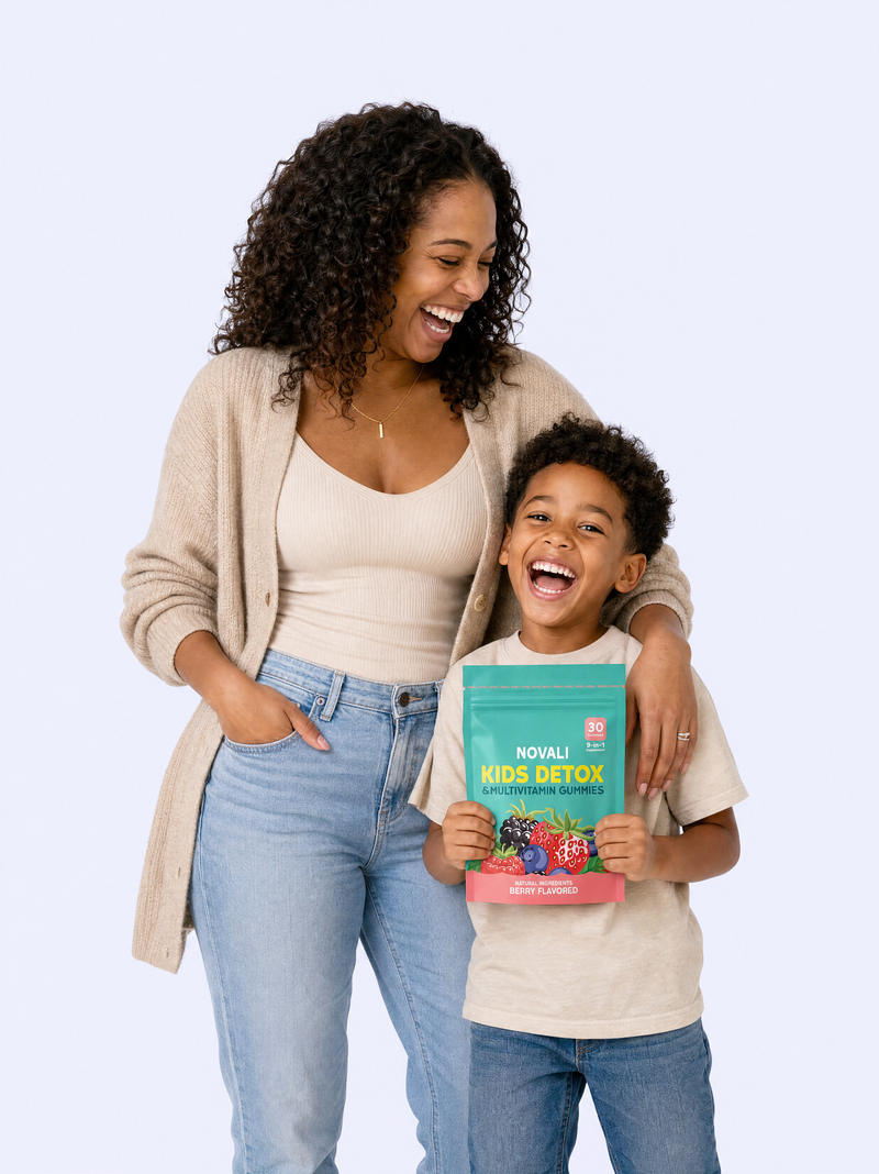 Mom and kid laughing while holding a bag of Novali Detox Gummies