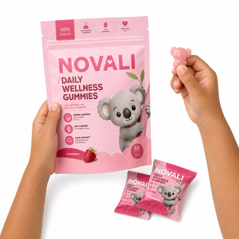Kid's hands holding a Novali gummy and the gummies bag