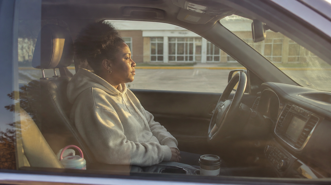 Mom sitting in school parking lot after drop-off