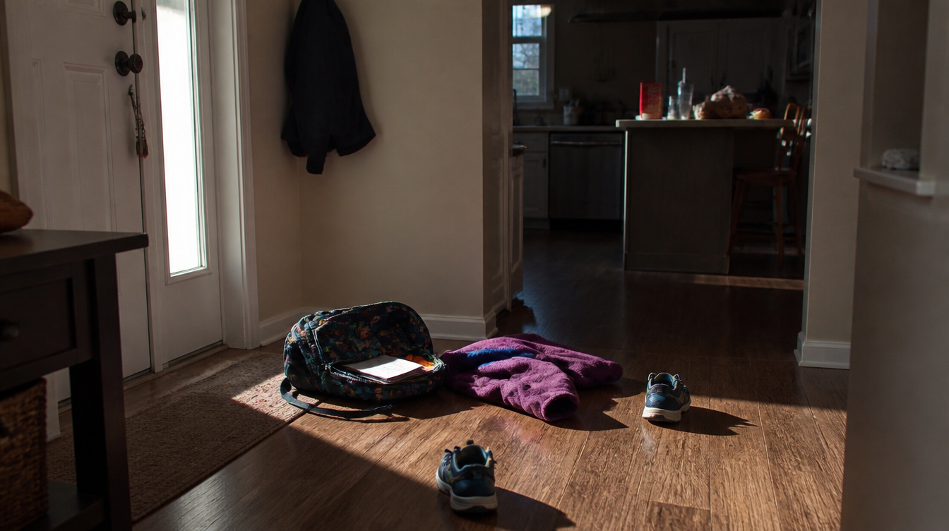 Child's backpack and jacket dropped on the floor after a hard afternoon