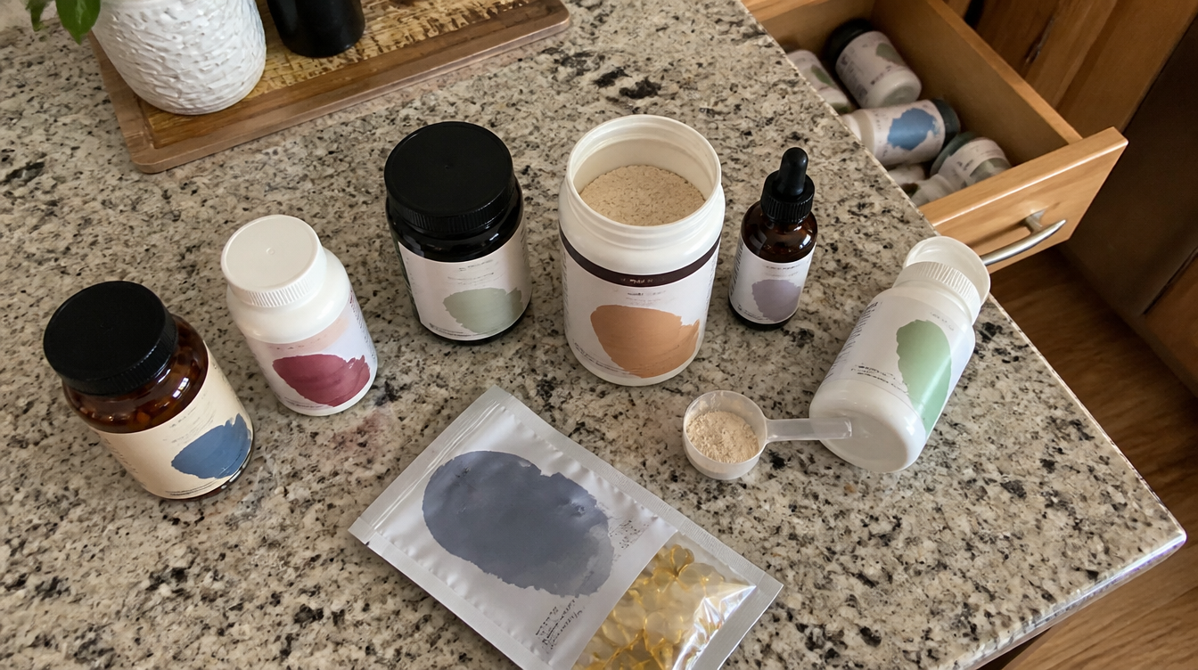 Collection of supplement bottles on a counter — the failed attempts