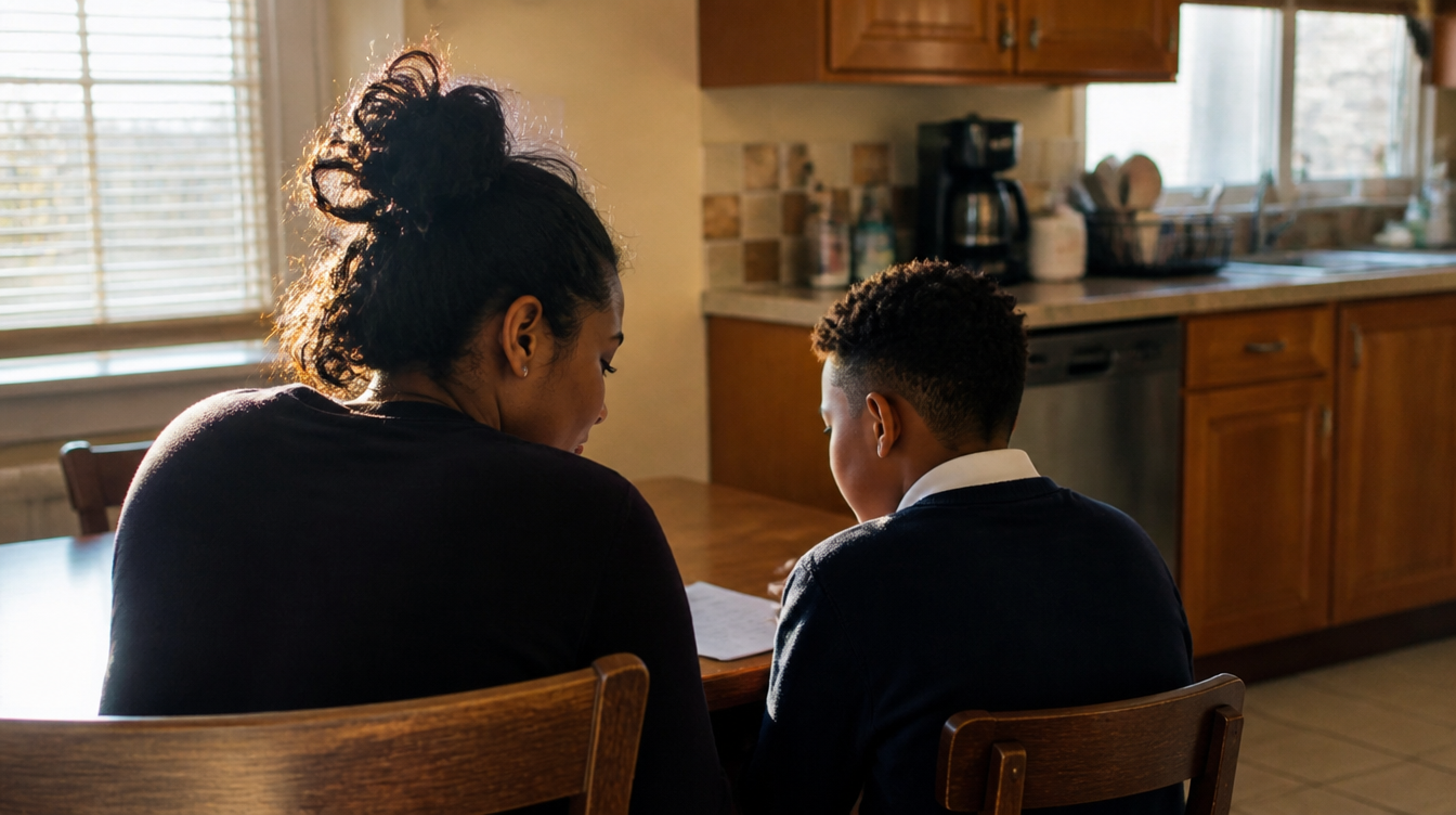 Mom and son sitting together at kitchen table on a calm morning
