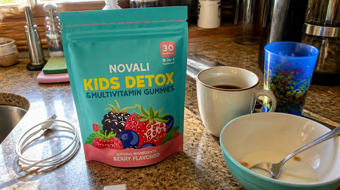 Novali bag sitting on a kitchen counter on a real morning